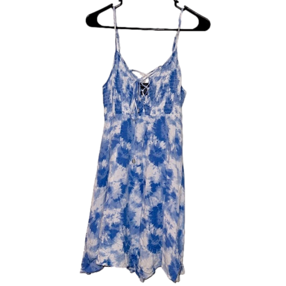 RUE21 White and Blue Tie-Dye Tank Midi Dress with Tie Front Smocked Bust